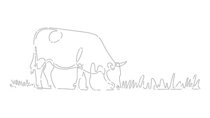 Continuous Line Drawing of Cow Grazing in Field for Farm Animal and Agriculture Concept