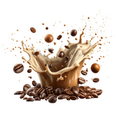  Milk Coffee Splash with Coffee Beans Isolated on a White Background