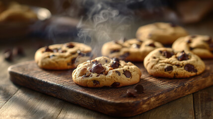 Freshly Baked Cookies Delight: A close-up of golden brown chocolate chip cookies, fresh from the oven, steam rising invitingly, placed on a rustic wooden board