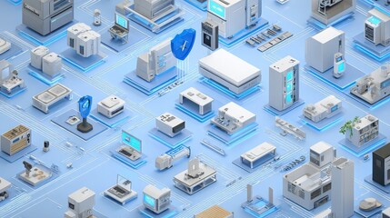 Networked devices with security shield on a blue circuit board background
