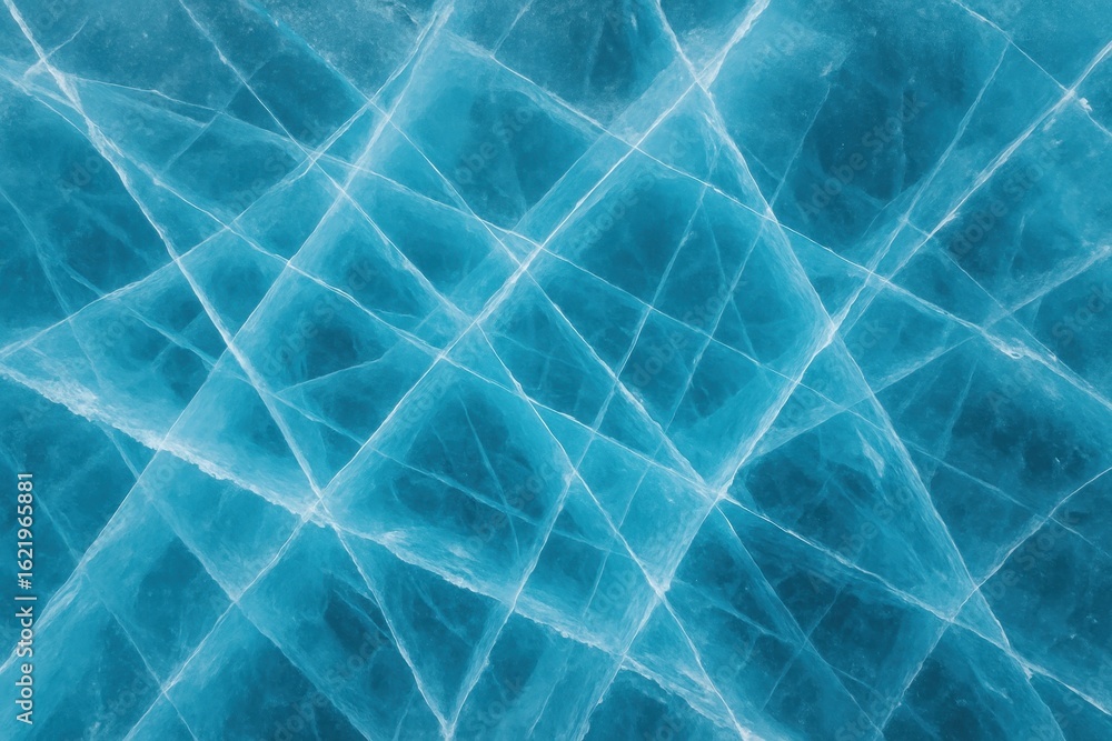 Poster dramatic ice crystal formation with deep blue frozen surface showing intricate crack patterns and fr