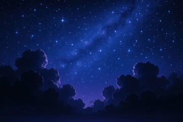 Dramatic nighttime cloudscape with luminous stars scattered across deep blue celestial sky