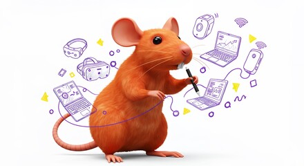 Cute orange mouse working on digital design