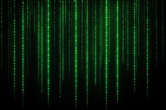 Dynamic Digital Matrix Code Rain Effect with Neon Green Binary Data Streams on Dark Tech Background