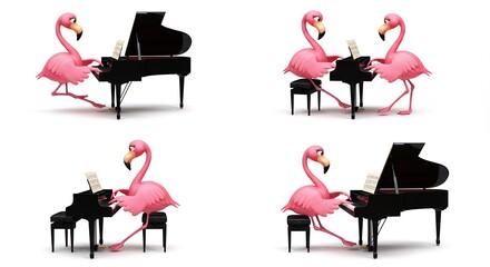 Flamingos playing piano illustration set