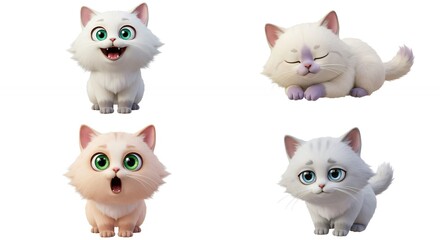 Four cartoon cats in different pastel colors