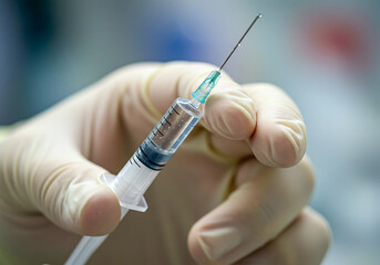 A doctor hand carefully holds a syringe filled with a vaccine, preparing for a medical injection in a clinical setting.
