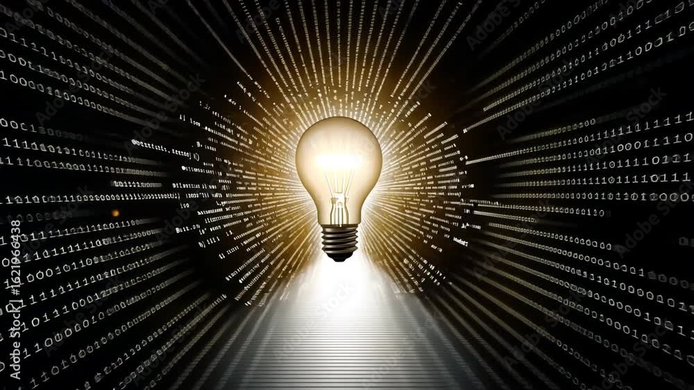 Poster illuminating dark space light bulbs journey through binary code, unveiling innovation and technology