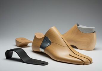 A collection of shoemaking tools, including wooden shoe lasts with steel supports, and other components. A studio shot in light background