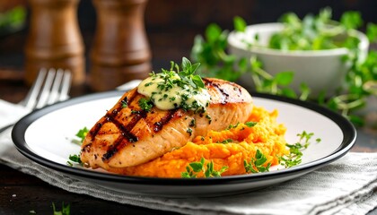 Grilled salmon with mashed sweet potato