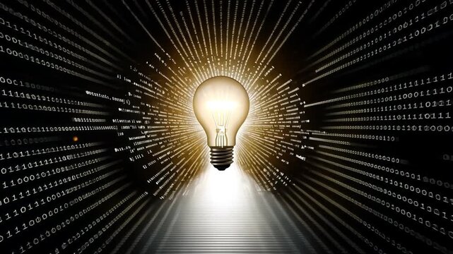 Illuminating Dark Space Light Bulbs Journey Through Binary Code, Unveiling Innovation and Technology for Discovery and Creativity in Digital Age.