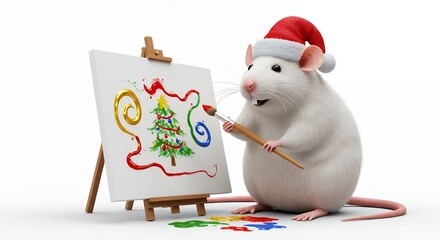 Mouse painting christmas tree on easel