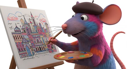 Mouse painting cityscape cartoon illustration