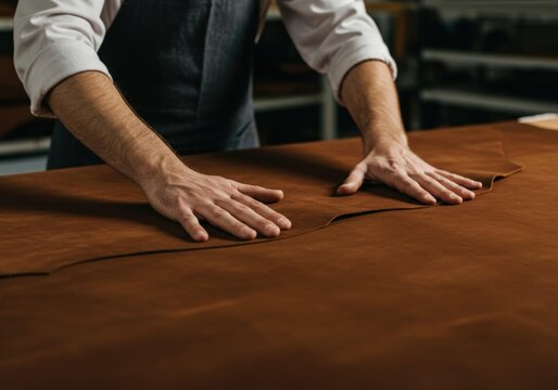 Artisan's Touch Leatherworker Inspecting Grain and Quality Close Up with Hands in Focus on Brown Leather Material - Powered by Adobe