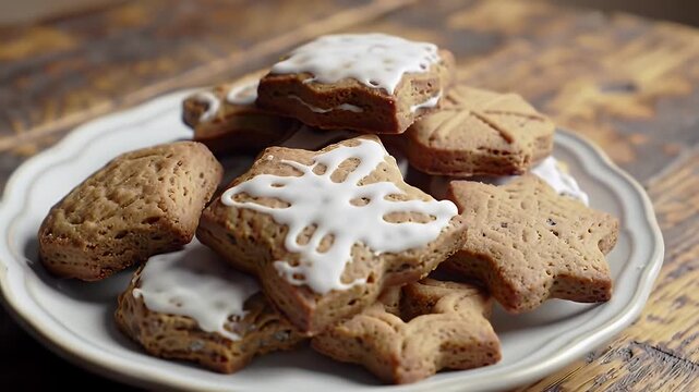Delectable Lebkuchen Assortment on Rustic Wooden Table with Elegant White Plate Featuring Star Shaped Cookies Drizzled with White Icing in Warm Lighting for Festive Holiday Promotions and Bakery
