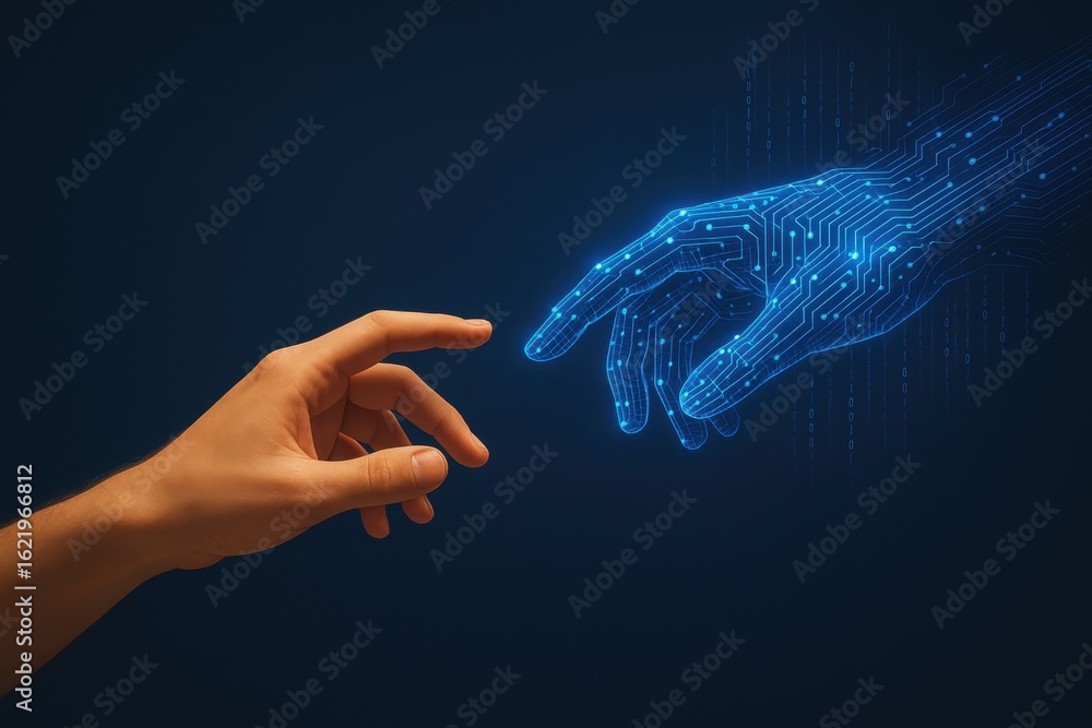 Aufkleber futuristic digital handshake between human and ai with glowing circuit patterns symbolizing collabor