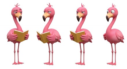 Pink cartoon flamingos reading books
