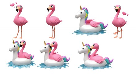 Pink flamingo and unicorn illustrations collection
