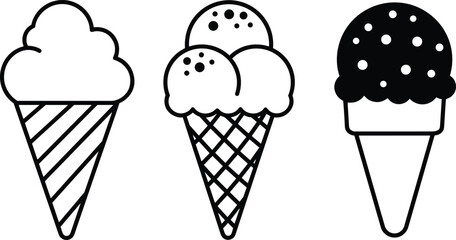 Simple Ice Cream Cone Icons Set – Line and Solid Style for UI Design, Summer Treat Branding, and Kids Illustrations