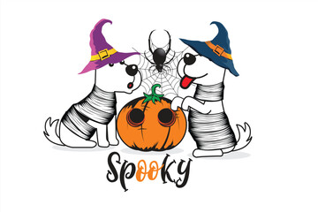 Happy Halloween. Cute Mummy Dogs in Witch Hats with Pumpkin and Spider Web for Halloween