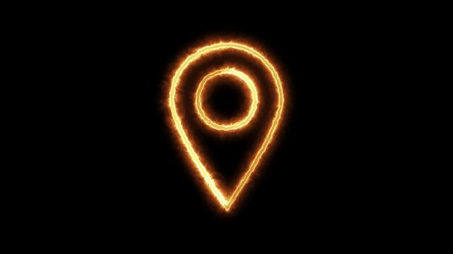 neon fire location map pin, gps icon animated on a white background.