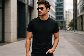 Fototapeta premium Contemporary male model showcasing minimalist street fashion in urban casual black t-shirt