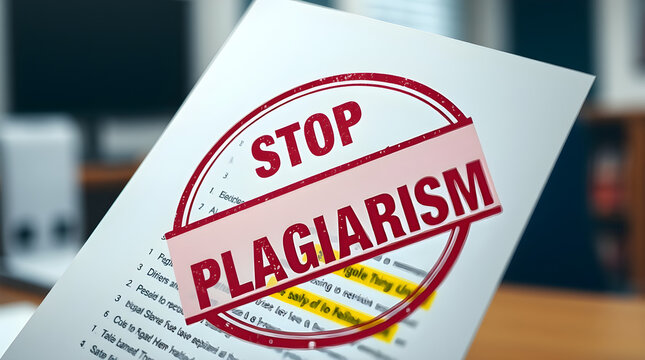 Stop plagiarism stamp imprinted on document denouncing copyright infringement
