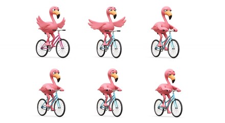 Pink flamingos riding bicycles illustration
