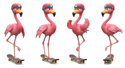 Pink flamingos skateboarding illustration