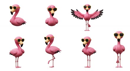 Pink flamingos with sunglasses various poses