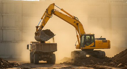 Heavy Excavator Loading Dump Truck on Dusty Construction Site at Sunset
