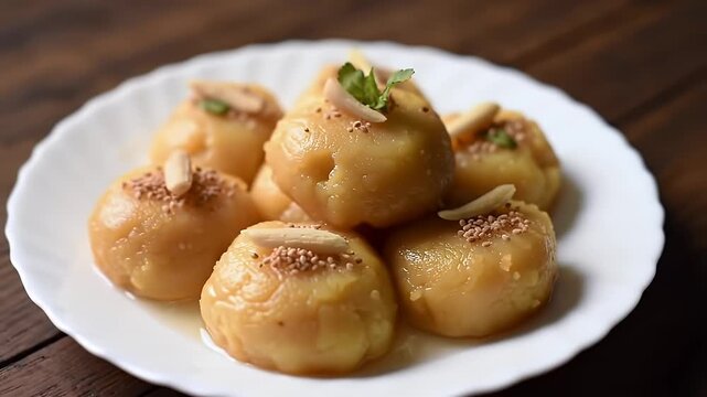 Delicious and Glossy Golden Chhena Gaja an Indian Sweet with Almond Slivers Sesame Seeds and Mint Leaf on White Plate Displayed on a Wooden Table for Bakery Pastry and Festive Season Promotions