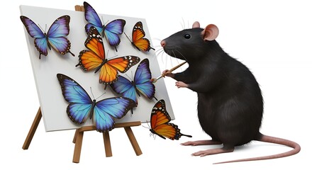 Rat painting butterflies on easel
