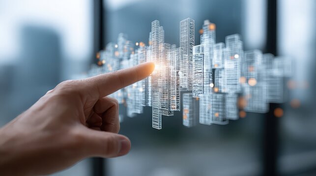 Close-up of hand swiping in mid-air through 3D interface of floating icons, background blurred city skyline visible through glass walls, evoking gesture tech in action