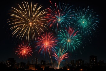 Fototapeta premium Magnificent New Year fireworks display exploding in synchronized bursts of colorful light patterns across midnight sky above city skyline