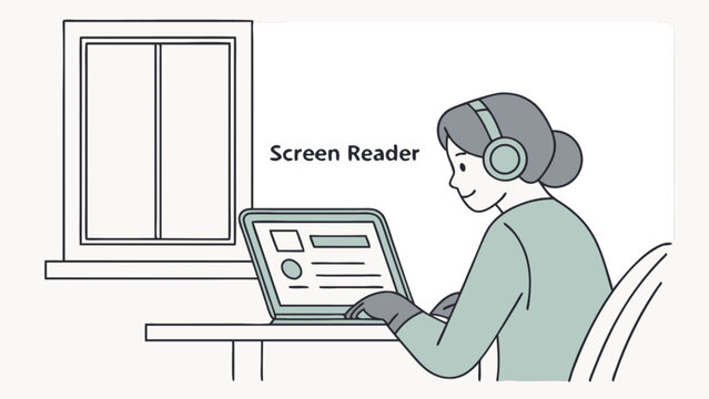 A woman is using a screen reader on her laptop to access digital information, an assistive technology for people with disabilities, isolated on white background