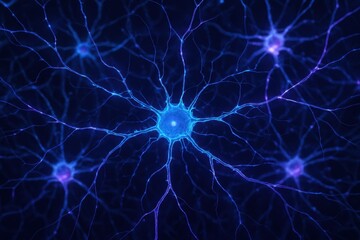 Microscopic view of interconnected brain neurons with electrical synapses firing in brilliant blue and purple network patterns showing neural activity