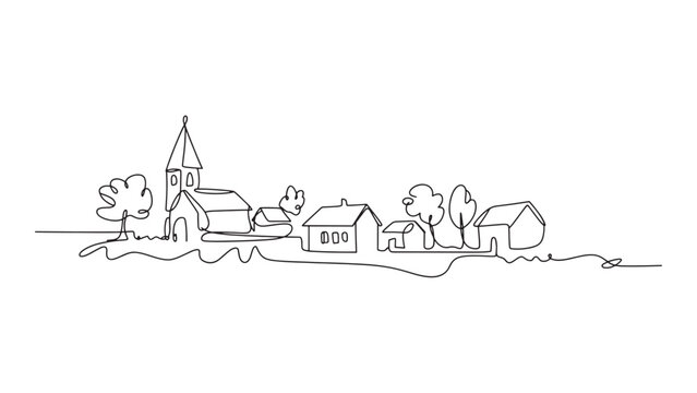 Continuous Line Drawing of a Village Landscape with Houses, Trees, and Church on Transparent