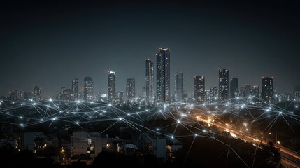 Cityscape pulsing with AI neural lines connecting smart zones, skyscrapers glow brighter in response to live data, autonomous transit flows perfectly in sync