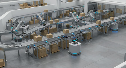 Automated Factory Logistics: Robotic Arms, Conveyor Belts & AMRs Efficiently Sort Packages in a Modern Smart Warehouse
