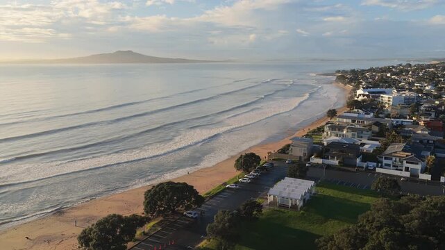 Milford Beach and Rangitoto Island, Auckland &ndash; Aerial Drone View, New Zealand