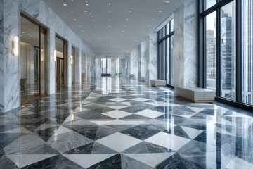 Luxurious hall with marble walls, patterned floors, and city view windows. Show elegance or grandeur in architecture, interior design, or wealth.