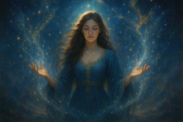 Obraz premium Ethereal woman wielding celestial magic powers in shimmering mystical realm of dreams