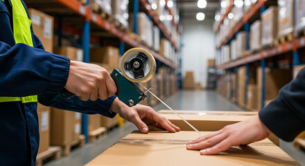 Warehouse worker applying packing tape to a cardboard box for shipping and logistics operations