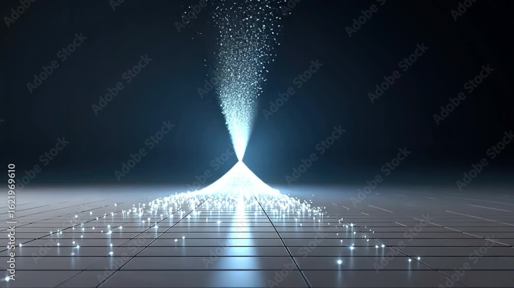 Poster stunning visual technology light beam creates cone of sparkling particles against dark background, e