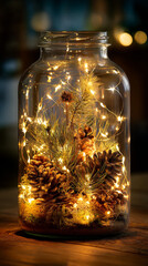 Glass jar filled with pine cones, greenery, and twinkling fairy lights creates a cozy, warm glowing decoration perfect for festive or winter settings.
