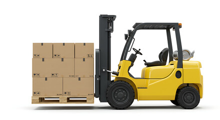 Yellow Forklift Moving Cardboard Boxes on Pallet. Warehouse Logistics, Shipping, and Delivery Concept Isolated.