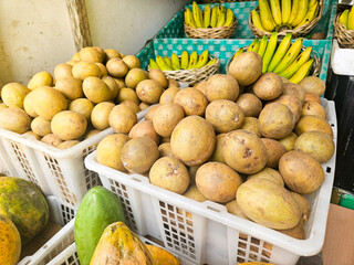 Vibrant fruit market scene urban setting food photography bustling environment close-up view fresh produce showcase
