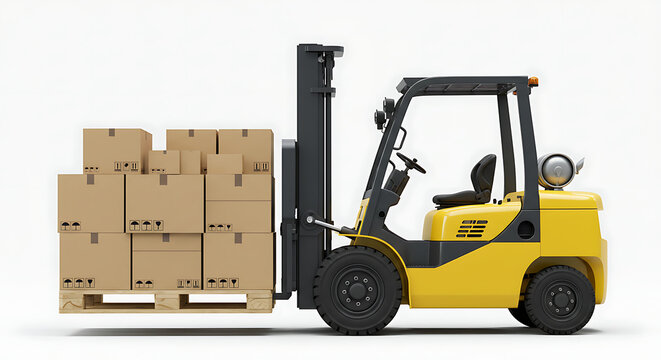 Yellow forklift lifting stacked cardboard boxes on a wooden pallet. Warehouse logistics, shipping, and delivery concept.