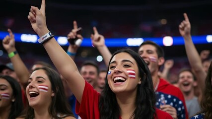 A diverse group of excited fans with american flag face paint cheer at a sporting event - Powered by Adobe